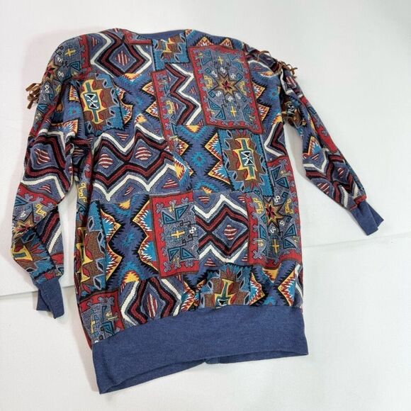 VTG Young Stuff Top Shirt Womens Small Aztec Fringe Festival Boho Blue Southwest - Picture 8 of 8